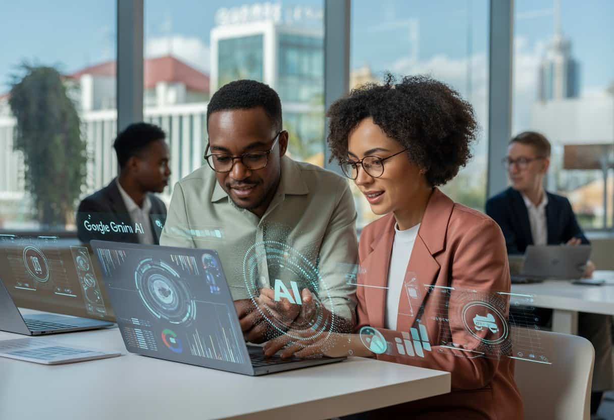 Two Nigerian professionals working together on a laptop with digital AI graphics in a modern office overlooking a Nigerian city.