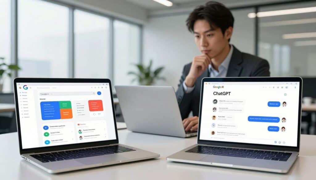A digital workspace showcasing a comparison between Google AI and ChatGPT. In the foreground, two sleek laptops are open, displaying colorful user interfaces for each AI. For Google AI, incorporate elements of a search bar and vibrant search results, while ChatGPT shows a conversational chat interface with engaging dialogues. In the middle ground, a confident business professional, dressed in smart casual attire, is reviewing both screens with a thoughtful expression, emphasizing the analytical nature of the comparison. The background features a modern office environment with soft lighting, floor-to-ceiling windows allowing natural light to filter in. The mood is insightful and innovative, facilitating a clear visual distinction between the two AI tools. Use a soft focus on the background to highlight the details on the laptops and the professional, ensuring a polished and contemporary look.