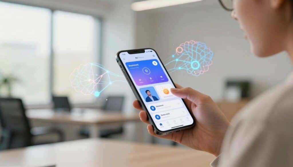 A modern mobile device displaying a vibrant user interface showcasing various AI applications, including voice recognition and text generation. In the foreground, a user—dressed in smart casual clothing—interacts with the device, their fingers poised over the screen as if actively engaging with an AI assistant. In the middle ground, an abstract representation of neural networks and data streams subtly weaves through the scene, illustrating the connectivity and intelligence behind AI. The background features a stylish, well-lit office environment with soft, natural light filtering in through a large window, creating a warm and inviting atmosphere. The camera angle should be a dynamic close-up, focusing on both the device and the user's expression of curiosity and engagement, emphasizing speed and accessibility in AI technology.