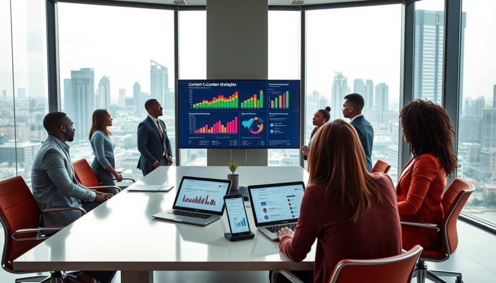 A sleek, modern office space with a view of the bustling city skyline, representing Nigeria's vibrant market. In the foreground, a diverse team of professionals, dressed in business attire, collaborate around a large digital screen displaying colorful graphs and analytics about content strategies. The middle ground features a stylish conference table with laptops and tablets showcasing MarketMuse's interface. In the background, large windows allow natural light to flood the room, creating an empowering atmosphere. The overall mood is one of innovation and focus, emphasizing the use of data to drive content strategies. Capture this dynamic scene from a slightly elevated angle, with a soft focus on the team, leaving the digital displays crisp and clear.