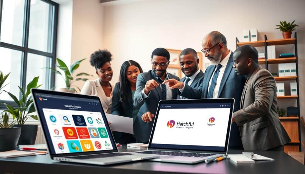 A vibrant workspace scene illustrating the Hatchful logo creation process. In the foreground, a sleek laptop displays the Hatchful interface, showcasing colorful logo design options tailored for Nigerian e-commerce. A diverse group of professional individuals, including a young Nigerian woman and a middle-aged man, collaborate while dressed in smart business attire. They are pointing at the screen, deep in discussion, surrounded by sketch papers and design tools. In the middle ground, shelves with design books and a potted plant create a creative atmosphere. The background features soft lighting, with a large window letting in natural light, adding warmth to the scene. The overall mood is inspiring and collaborative, emphasizing creativity and innovation in logo design.