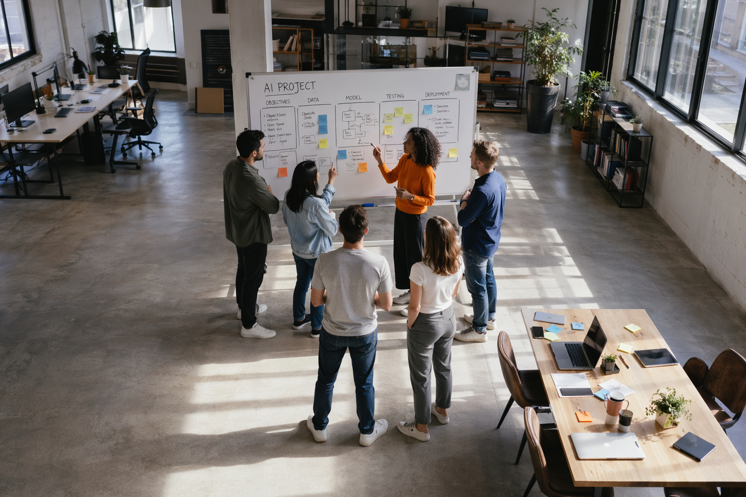 Team collaborating on AI project board