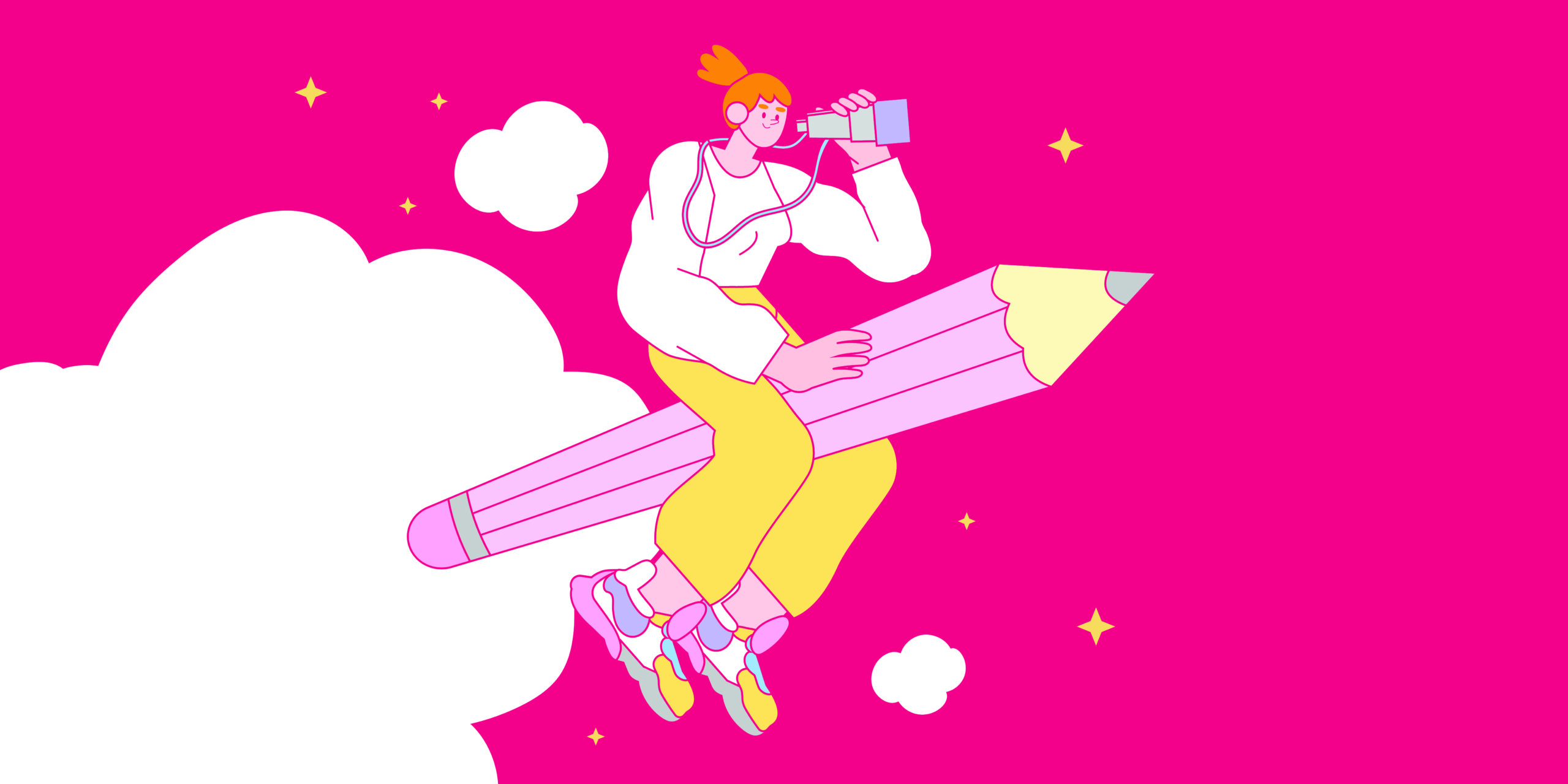 Illustration of a woman riding a giant pencil like a rocket through the clouds, looking through binoculars.Illustration of a woman riding a giant pencil like a rocket through the clouds, looking through binoculars.
