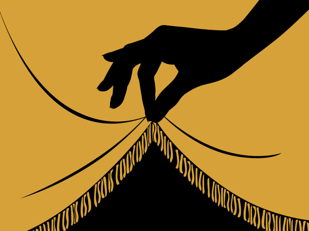 A black silhouette of a hand parting a pair of gold fringed curtains to reveal the darkness behind, illustrating the idea that what you see at a big agency isn't always what you get.
