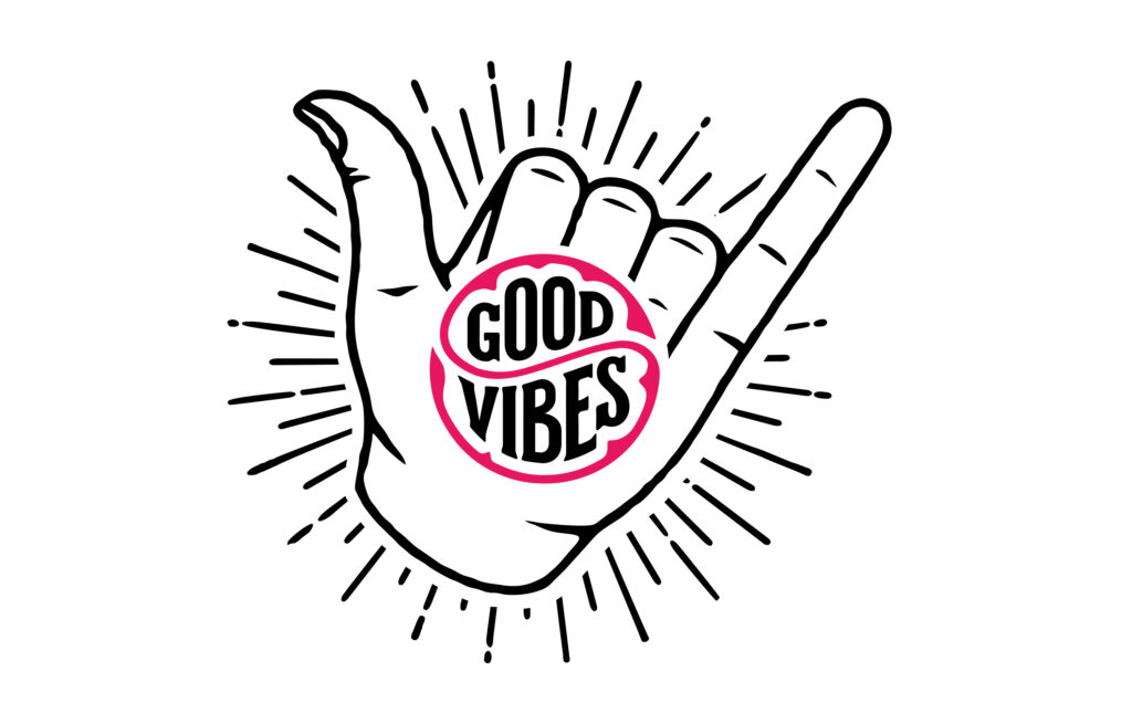 Shaka hand gesture illustration with a "Good Vibes" badge on the palm.
