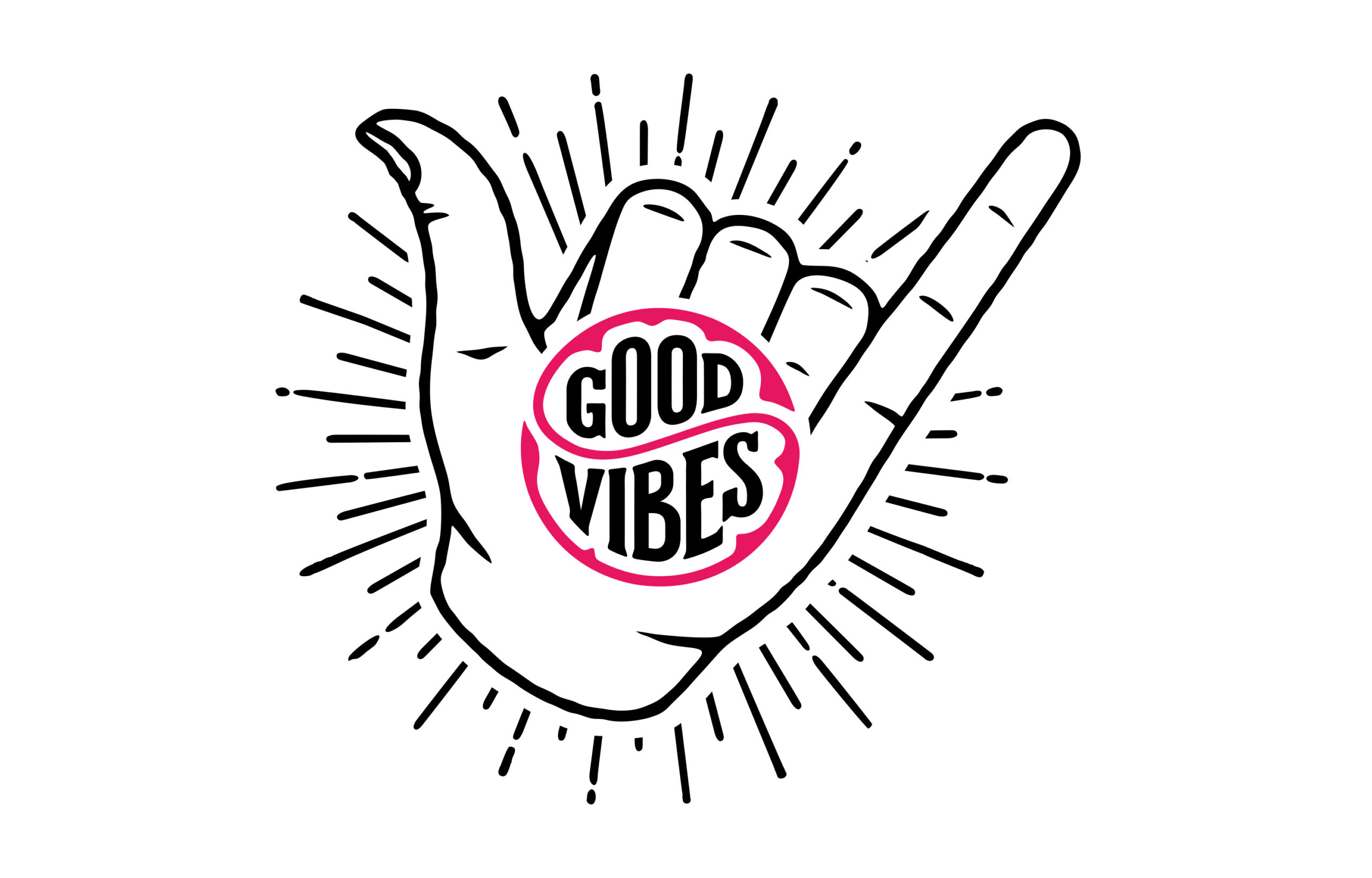 Shaka hand gesture illustration with a "Good Vibes" badge on the palm.