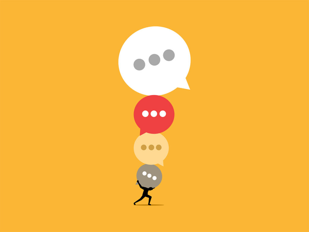A small silhouetted figure strains to carry a towering stack of speech bubbles, suggesting the weight of too much feedback and miscommunication in a creative project.