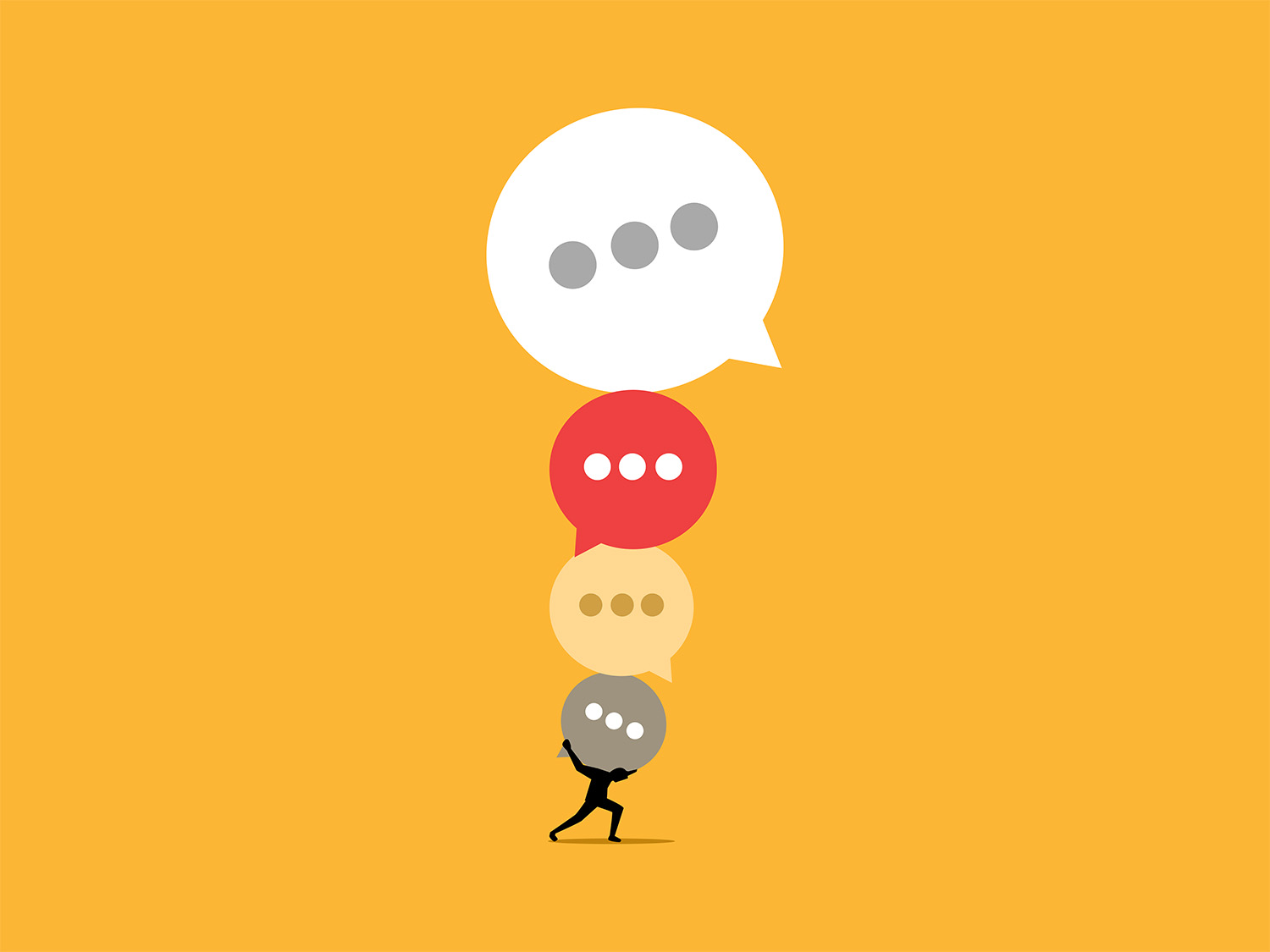 A small silhouetted figure strains to carry a towering stack of speech bubbles, suggesting the weight of too much feedback and miscommunication in a creative project.
