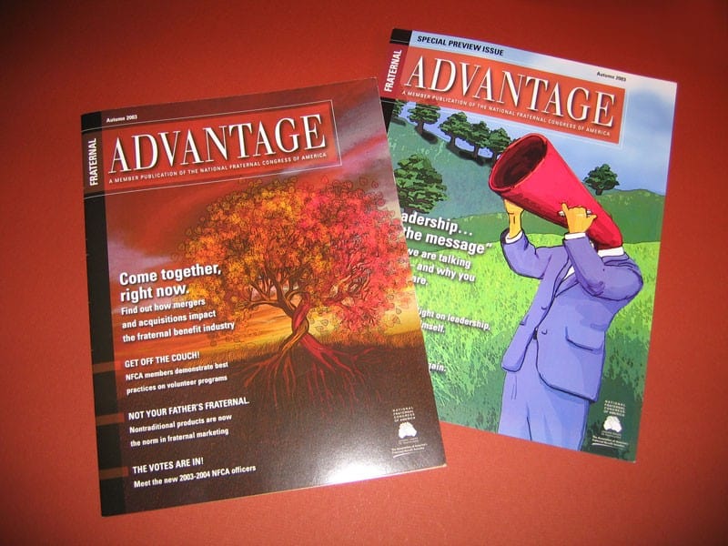 Two front covers with custom illustrations created for Fraternal Advantage Magazine.