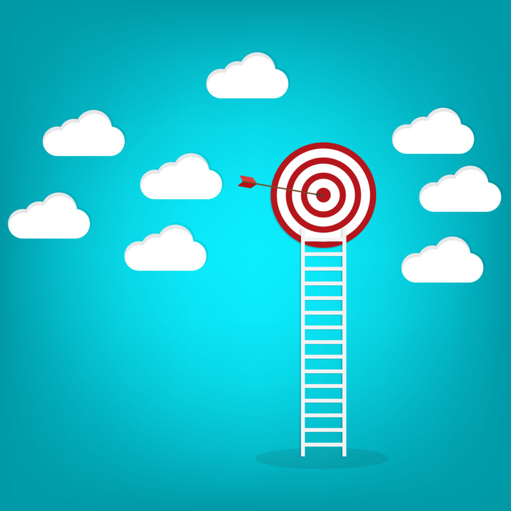 A flat graphic illustration of a tall ladder leading up to a bullseye target with an arrow hitting the center, against a bright teal sky with white clouds, representing the goal of reaching a precisely defined audience.