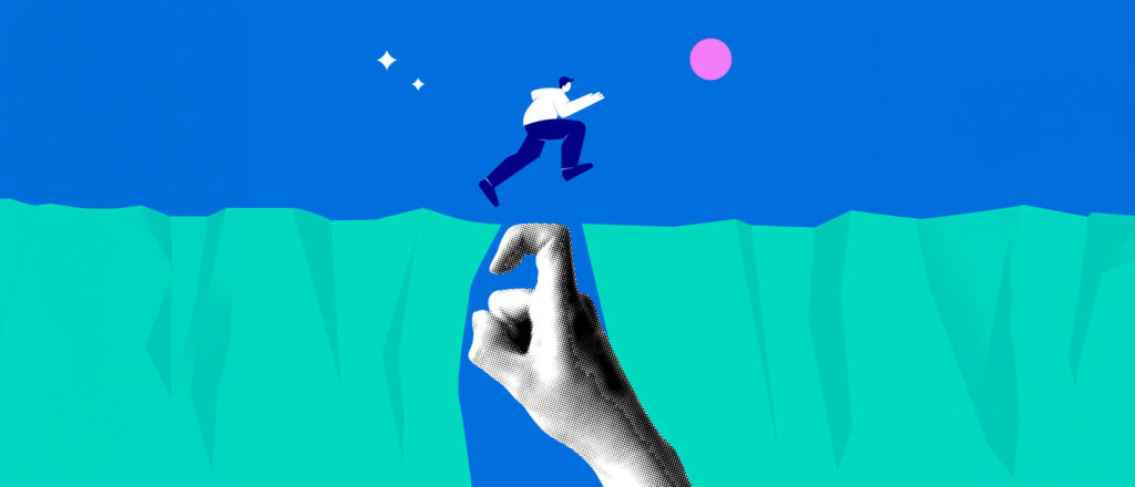 Illustration of a small figure leaping across a gap with the help of a giant hand acting as a bridge, suggesting the support needed to make a significant transition.