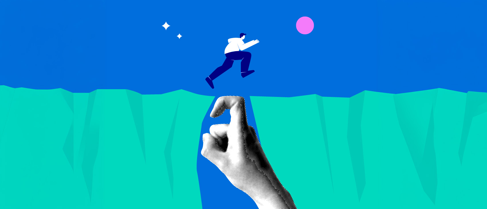 Illustration of a small figure leaping across a gap with the help of a giant hand acting as a bridge, suggesting the support needed to make a significant transition.