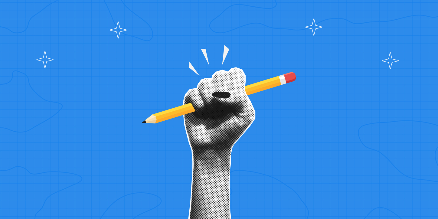 Halftone illustration of a fist gripping a pencil on a bright blue background, conveying creative energy and intention.Halftone illustration of a fist gripping a pencil on a bright blue background, conveying creative energy and intention.