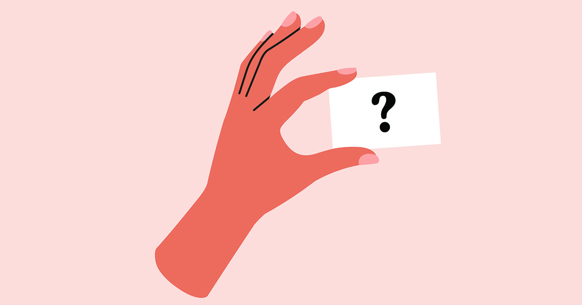 Illustration of hand holding up a business card with a question mark.