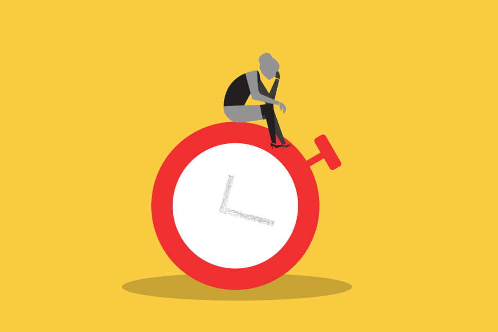 A flat graphic illustration of a dejected figure slumped atop a large red clock on a yellow background, representing the time and energy lost to a difficult client relationship.