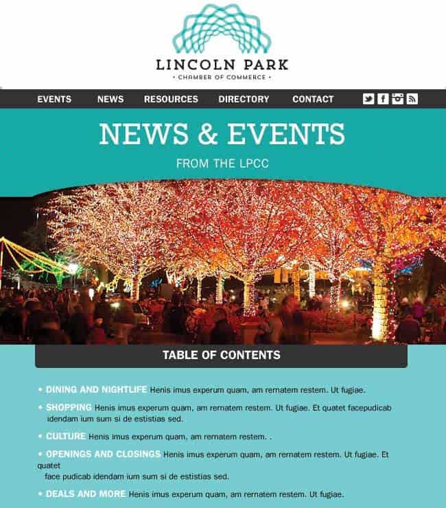 News and events listing promotied via html email.