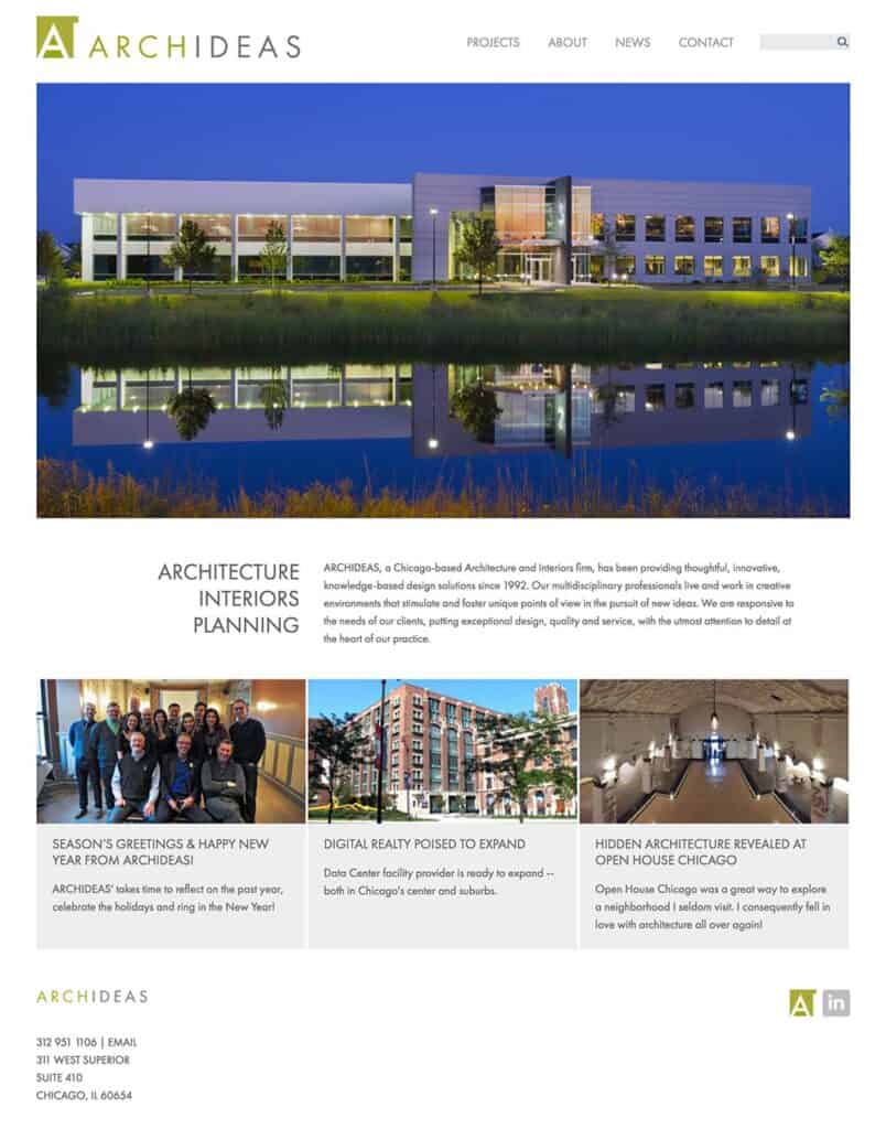 Website home page design for Archideas, Chicago architects.