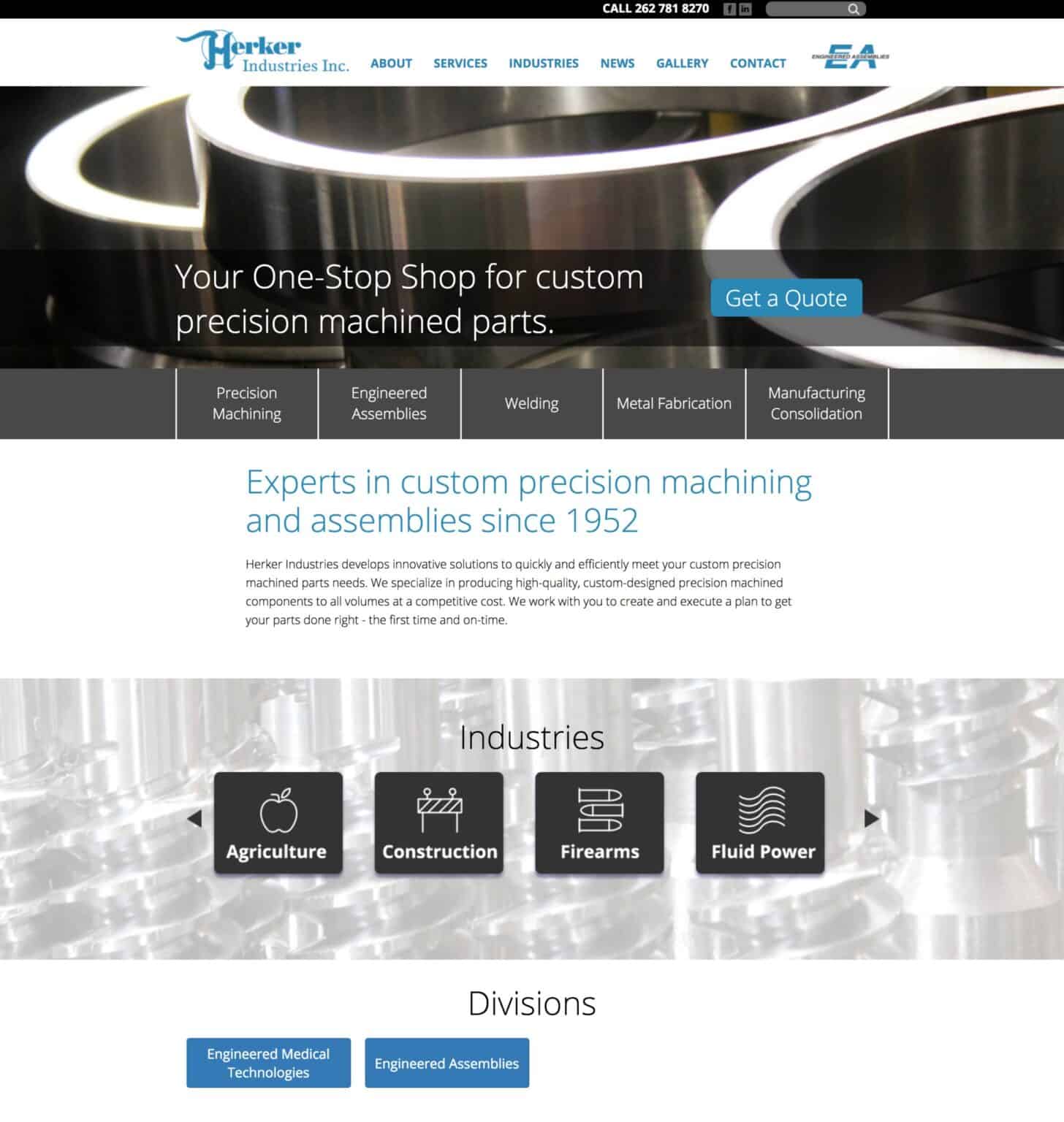 Herker Industries website machine parts home page.