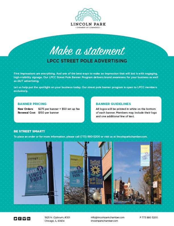 Folder insert, promotional page about neighborhood street pole banners, an advertising opportunity for chamber members.