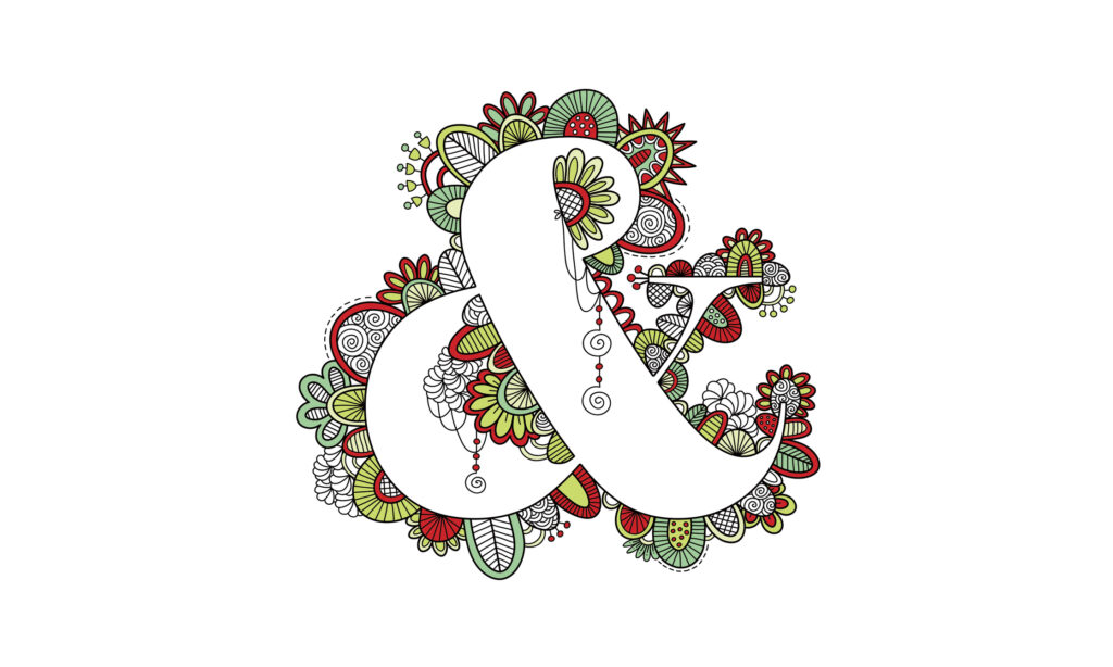 An ornate ampersand rendered in white, surrounded by intricate hand-drawn floral and botanical illustrations in red and green, celebrating the ampersand as both a typographic and decorative form.