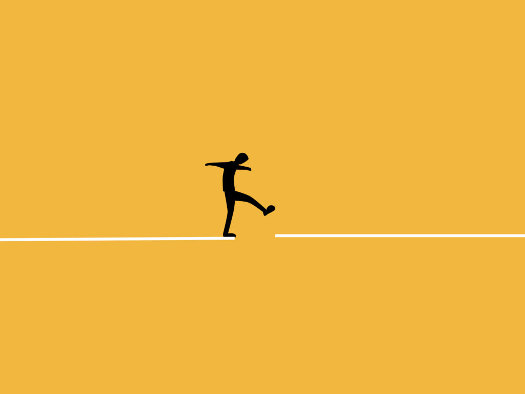 A minimalist illustration of a lone figure stepping across a gap in a white line on a golden yellow background, suggesting the balance and self-reliance required of solo self-employment.