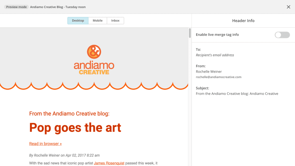 Screen capture of Mailchimp editor.