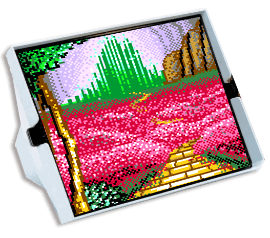Lite-Brite toy showing highly pixelized image of the yellow brick road with the Emerald City in the background.