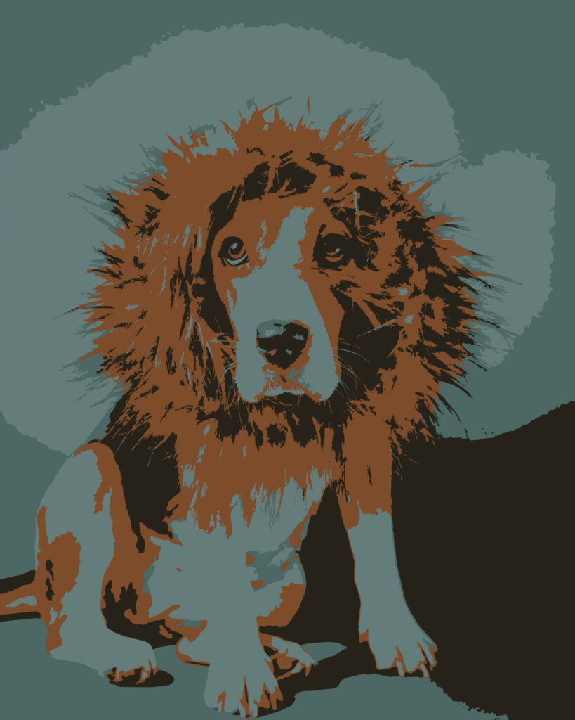 The same dog in a lion mane costume, rendered as a flat graphic with limited colors to illustrate a vector-based file format.