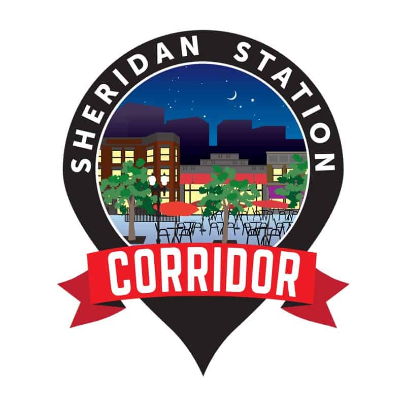 Chicago neighborhood association logo, night scene illustration.