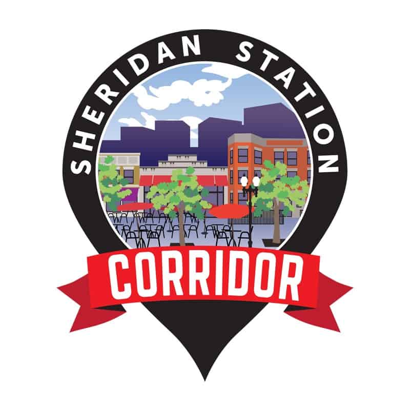Chicago neighborhood association logo, day scene illustration.