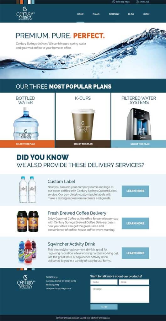 Home page promoting water and coffee delivery services.
