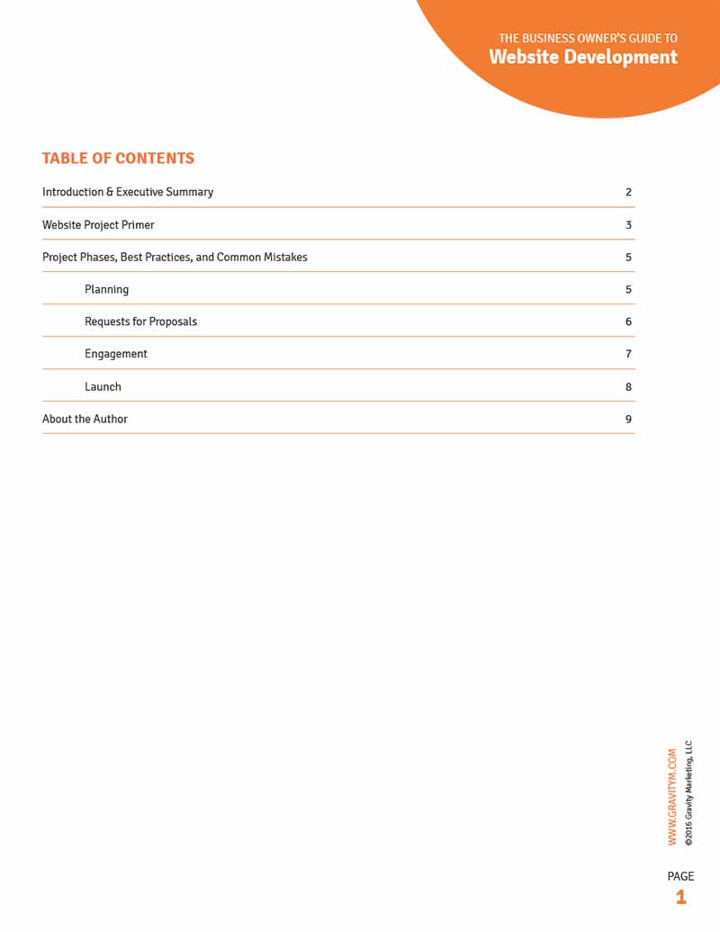 Whitepaper for Gravity Marketing focusing on Web Development, table of contents page