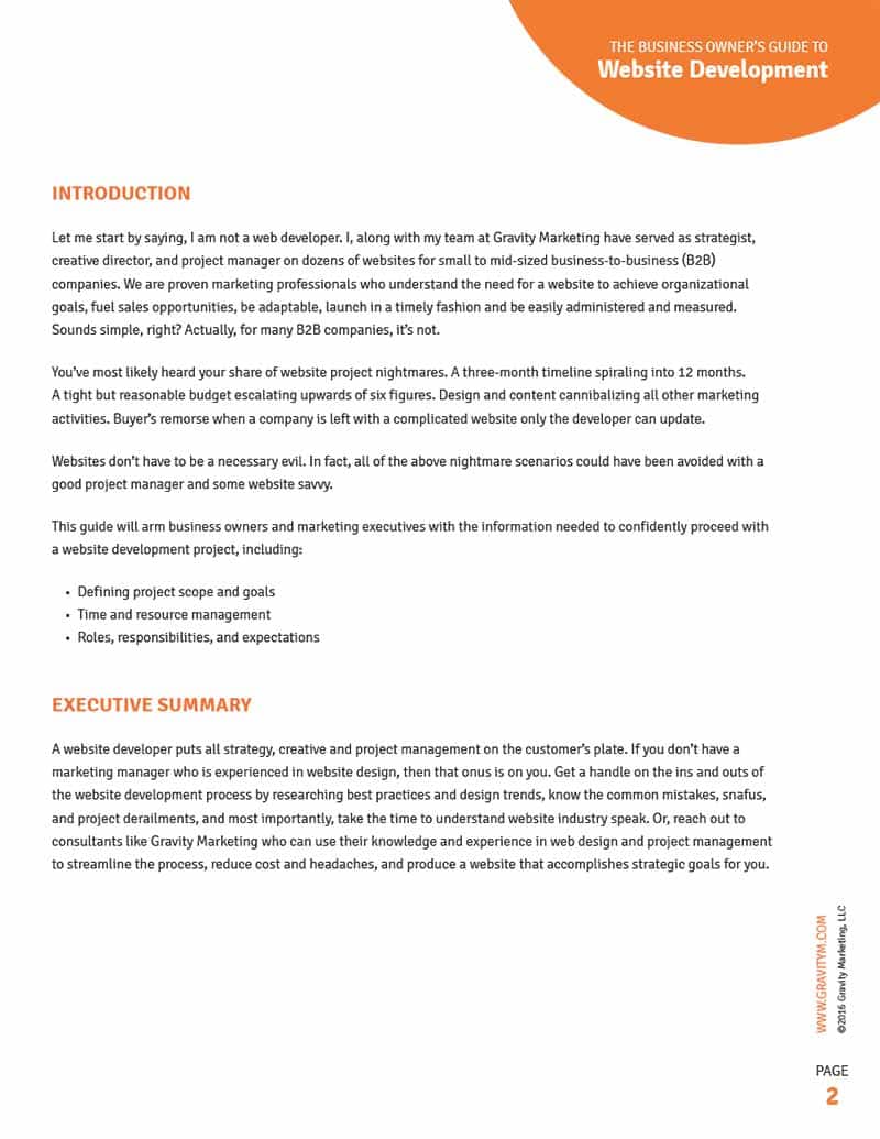 Whitepaper for Gravity Marketing focusing on Web Development, intro page