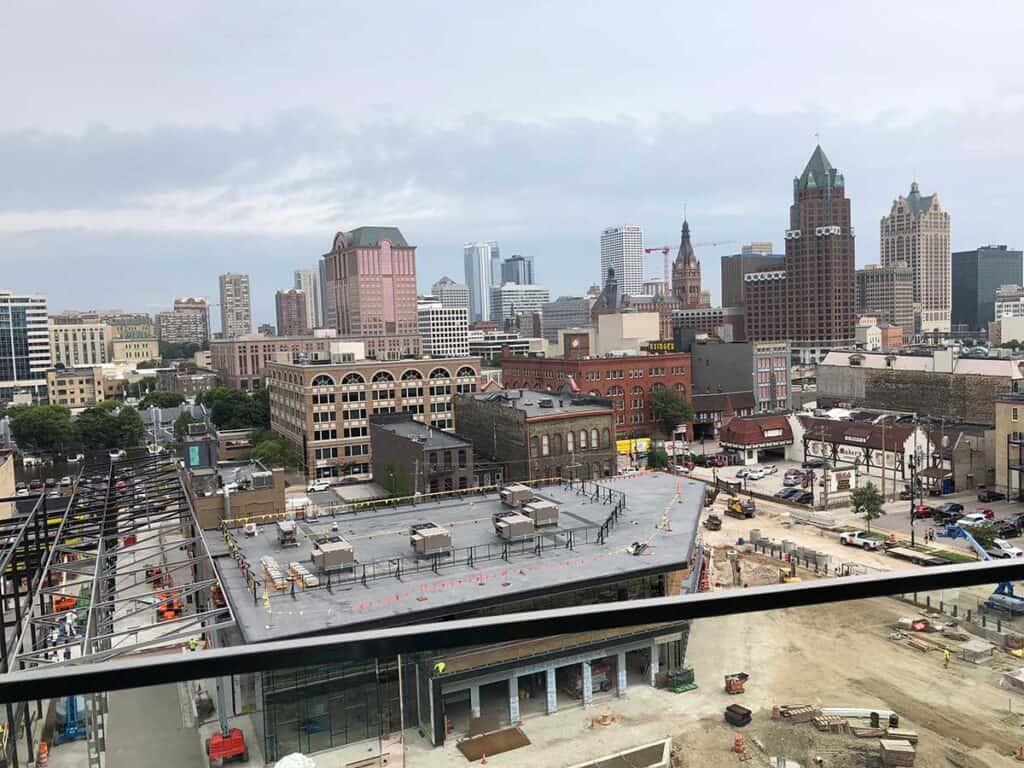 Milwaukee skyline, the view from the Fiserv Forum mezzanine level.