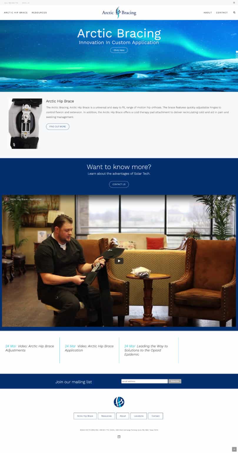 Home page for Arctic Bracing website.