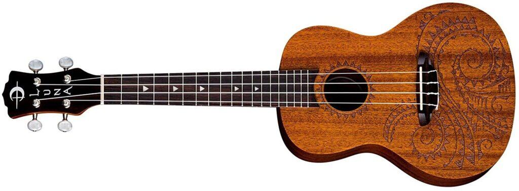 Ukulele lying on it's side.
