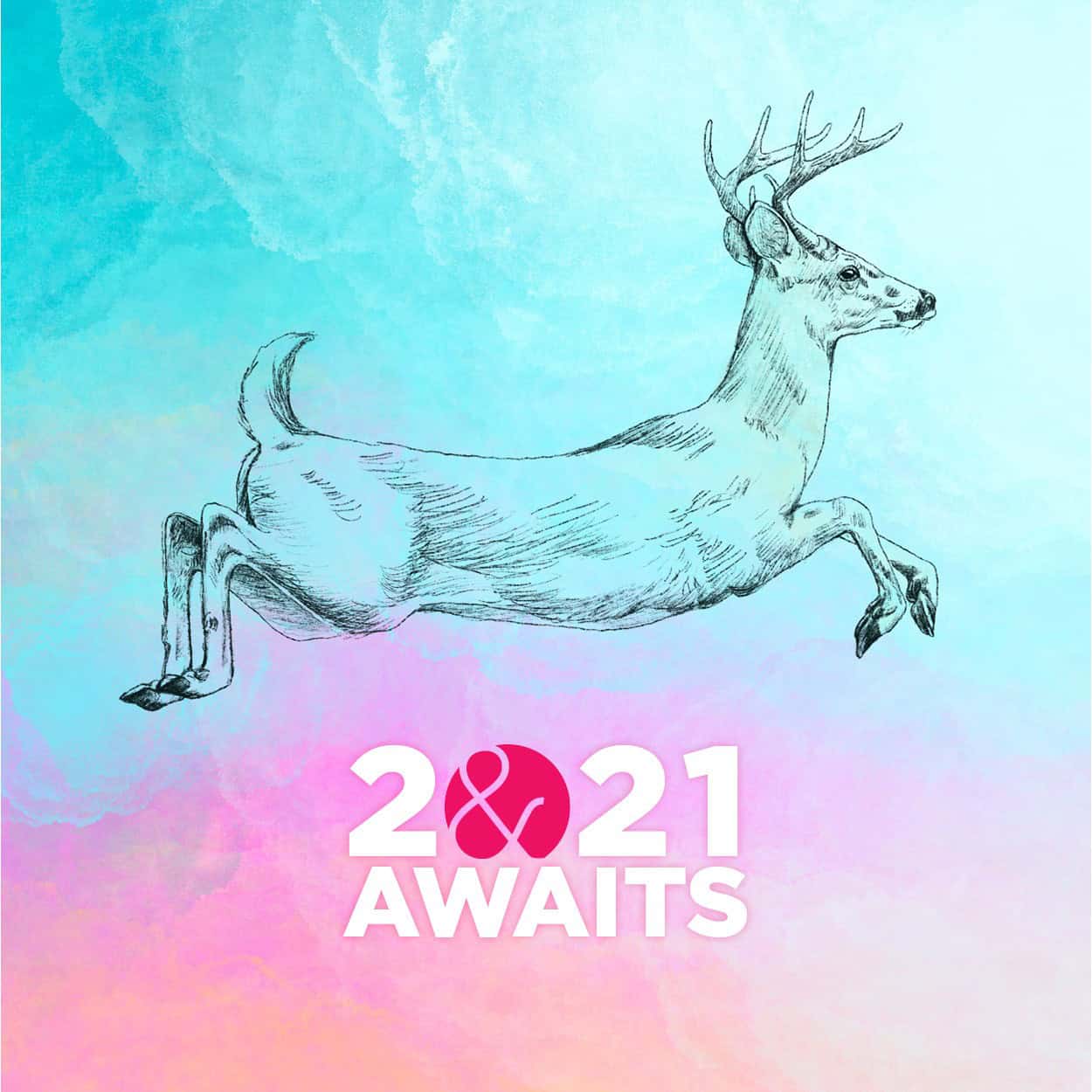 Custom pencil illustration of a deer leaping over the words "2021 Awaits".