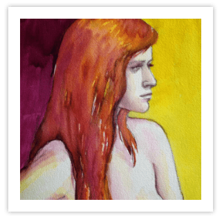 Sample watercolor portrait of woman with red hair, painting by Rochelle W Carr.
