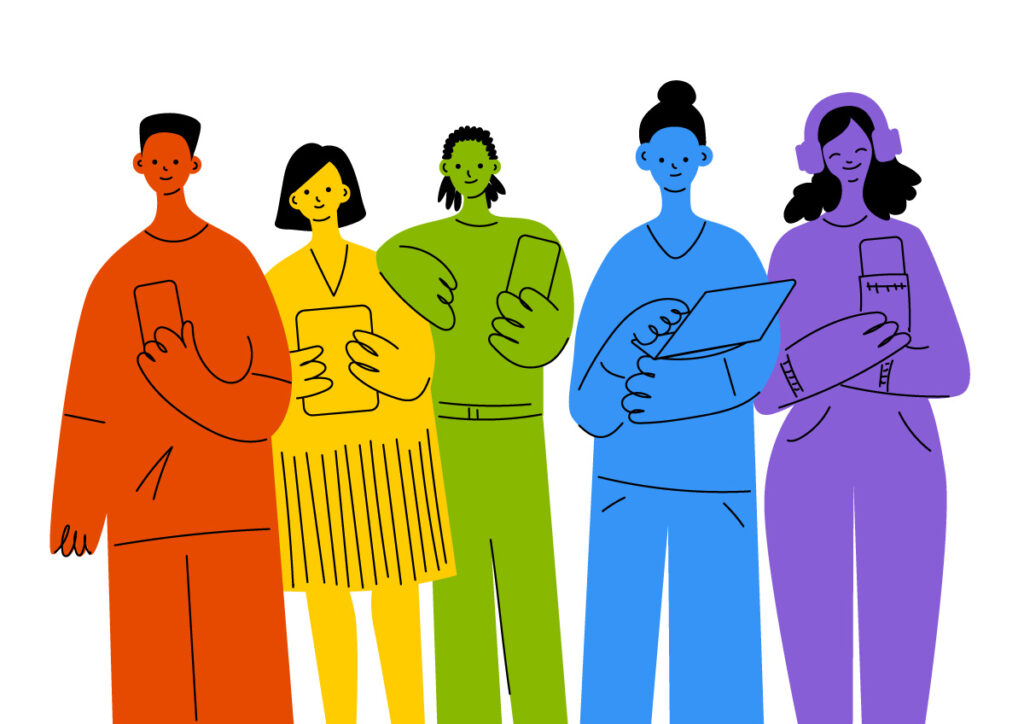 Colorful illustration of five diverse people holding various devices — a phone, tablet, laptop, and headphones — representing different ways people access the web.