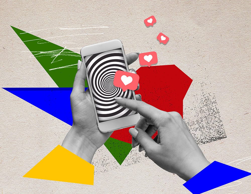 Image collage illustrating liking a post on social media.