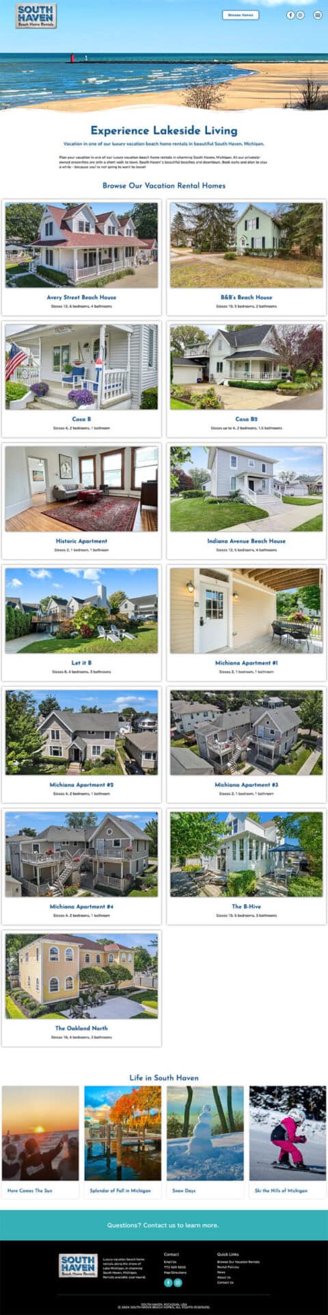 Home page for luxury vacation home rentals in South Haven, Michigan.