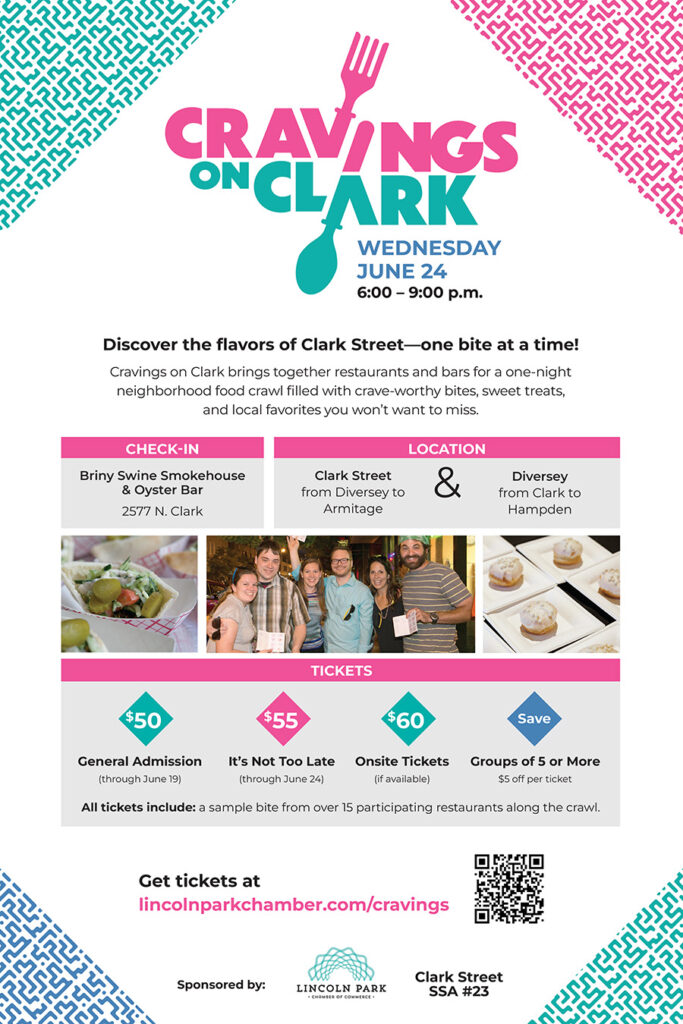 Promotional poster for Cravings on Clark, featuring event branding and details for the annual Lincoln Park tasting crawl.