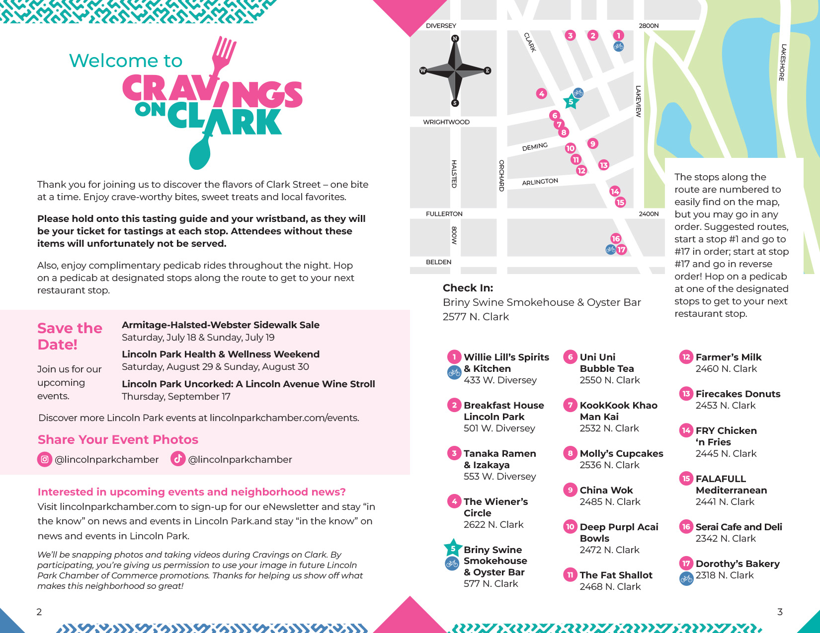 Map spread from the Cravings on Clark tasting guide, showing participant restaurant locations along the crawl route.