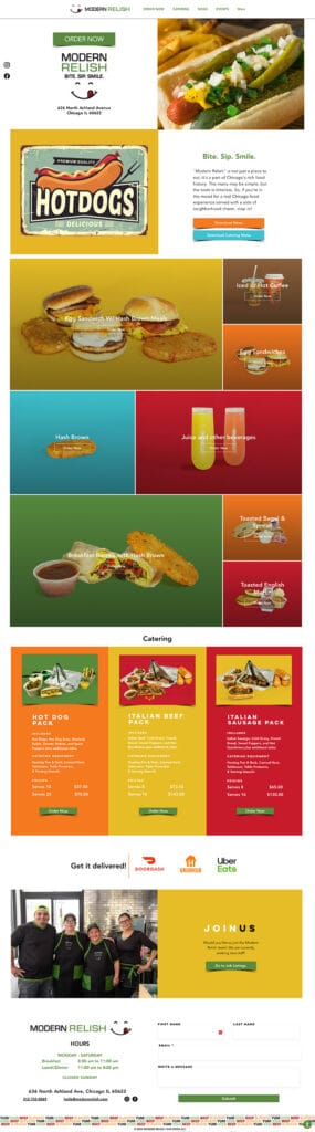 Modern Relish hot dogs and burgers, home page design.