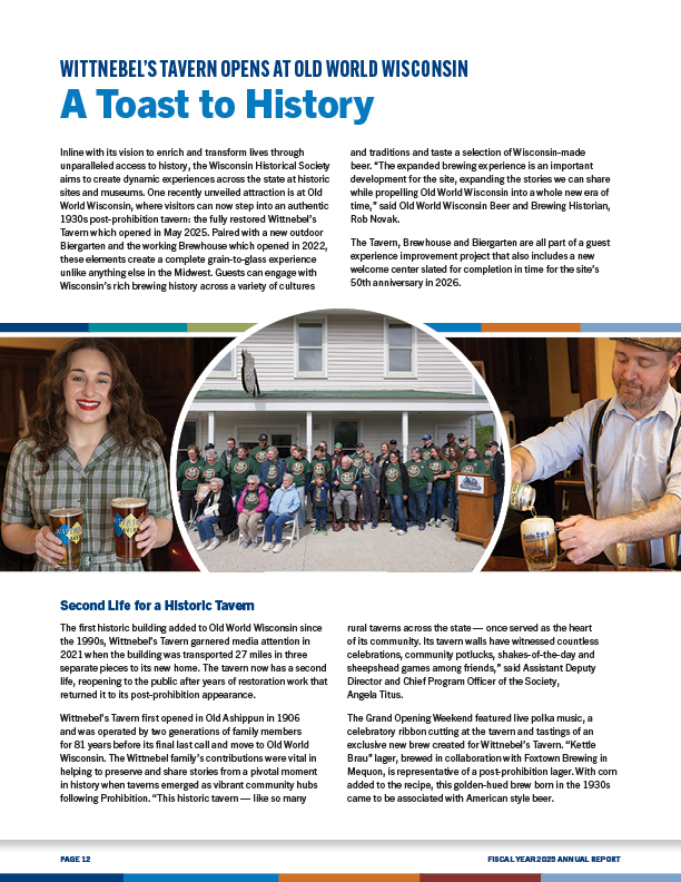 Page 12, A Toast To History, a story about Wittnebel's Tavern restoration at Old World Wisconsin site.