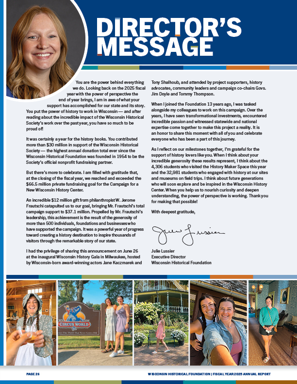 Page 26 - Directors letter with head shot of Julie Lussier.