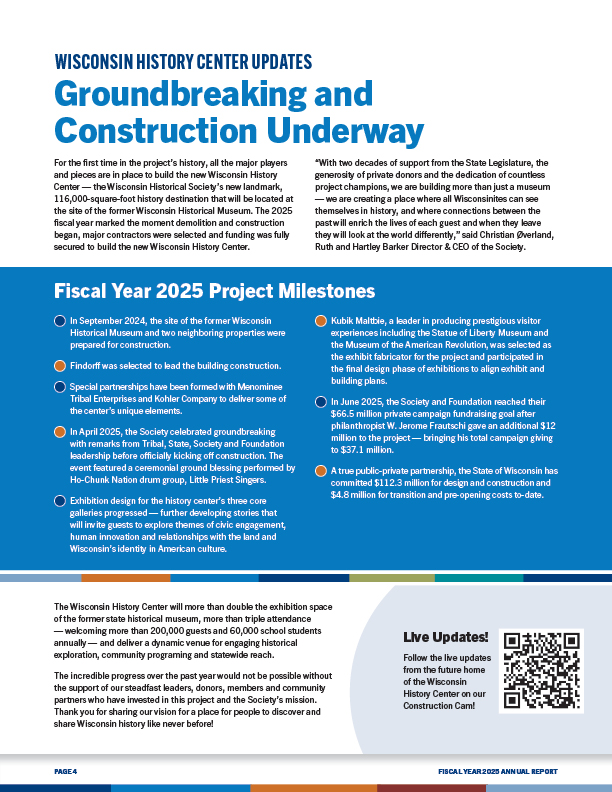 Page 4, Wisconsin History Center updates, Groundbreaking and Construction Underway.
