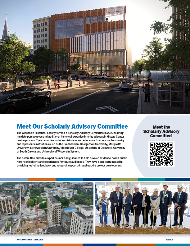 Page 5, second page of History Center construction article featuring architect renderings of project and photos of construction.