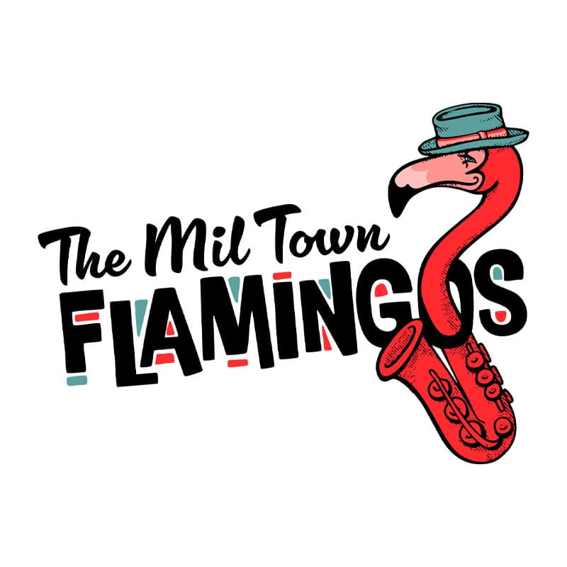 Mil Town Flamingos logo featuring a saxophone with the top fashioned into the neck and head of a flamingo.