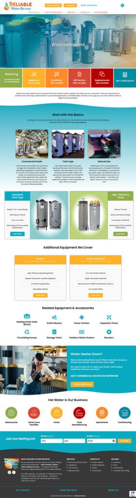 Landing page for water heater services.